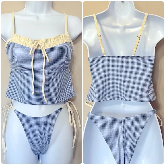 Blue White Gingham High Cut Cheeky Tankini Set - Picture 2 of 16